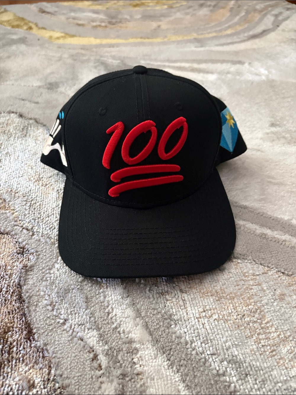 Black Snapback Hat with Red "100" Embroidery emoji hat